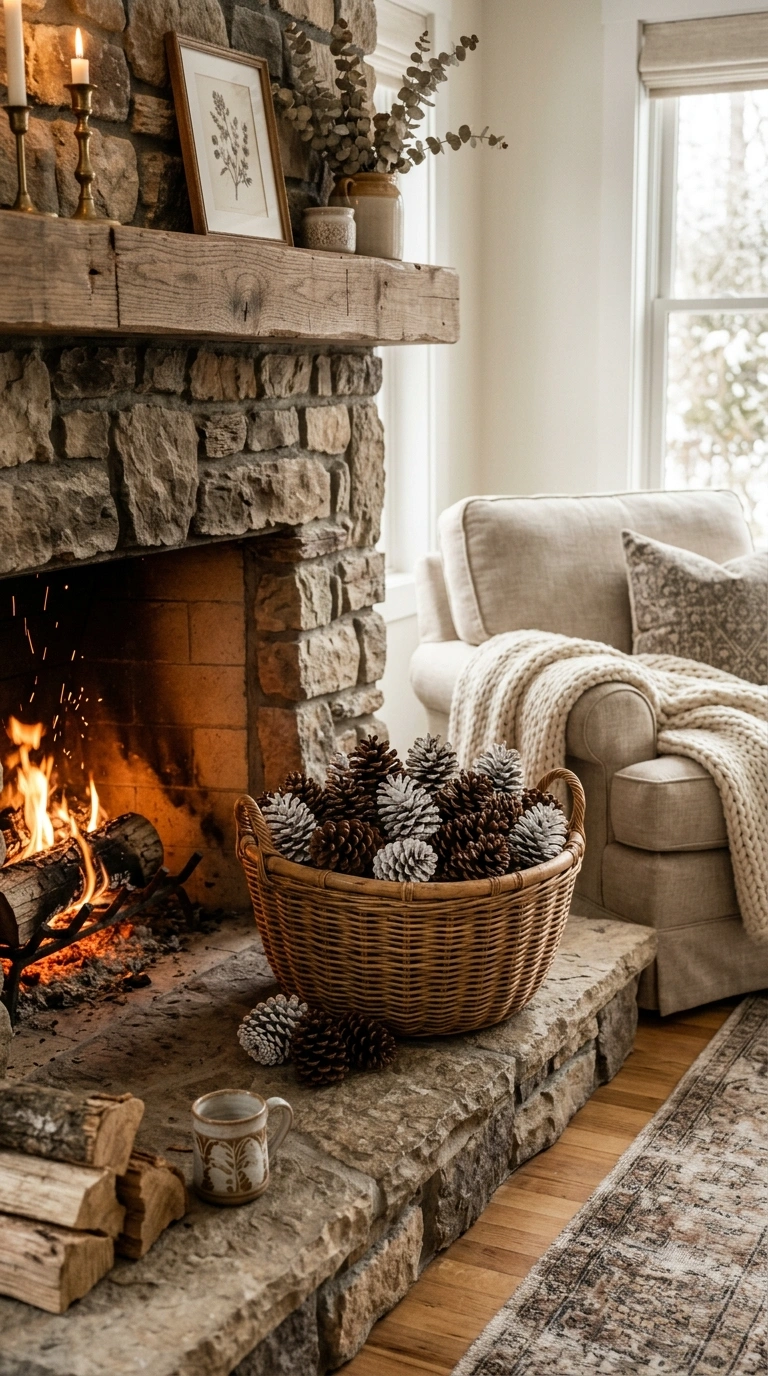 25 Seasonal Decor Ideas to Keep Your Home Feeling Fresh All Year 22 021 Pinecone Basket Display A low woven basket filled