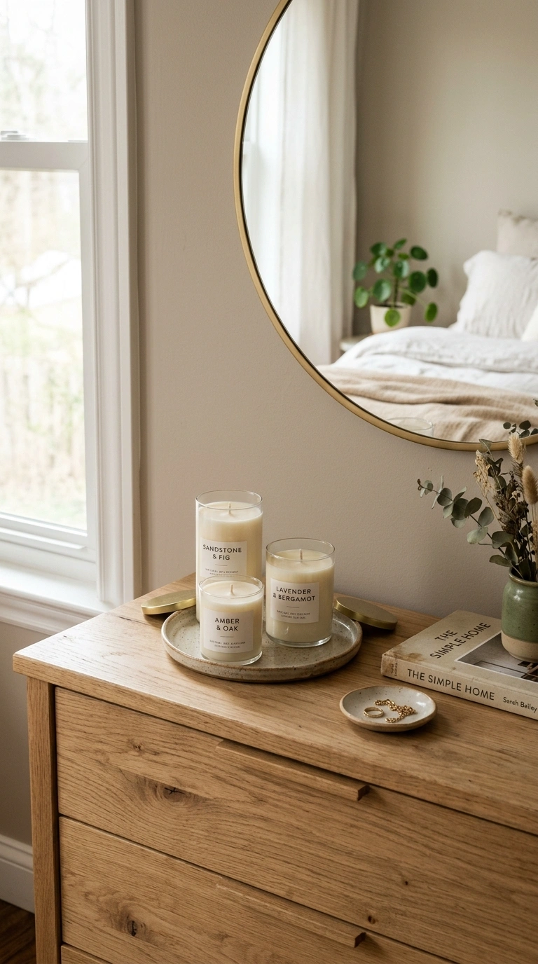 22 Bedroom Decor Ideas That Make Your Space Feel More Luxurious 22 021 Scented Candle Vignette A bedroom dresser with thr