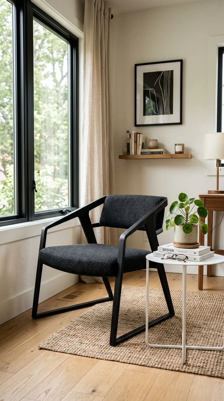021 Sculptural Black Chair A home office corner with a