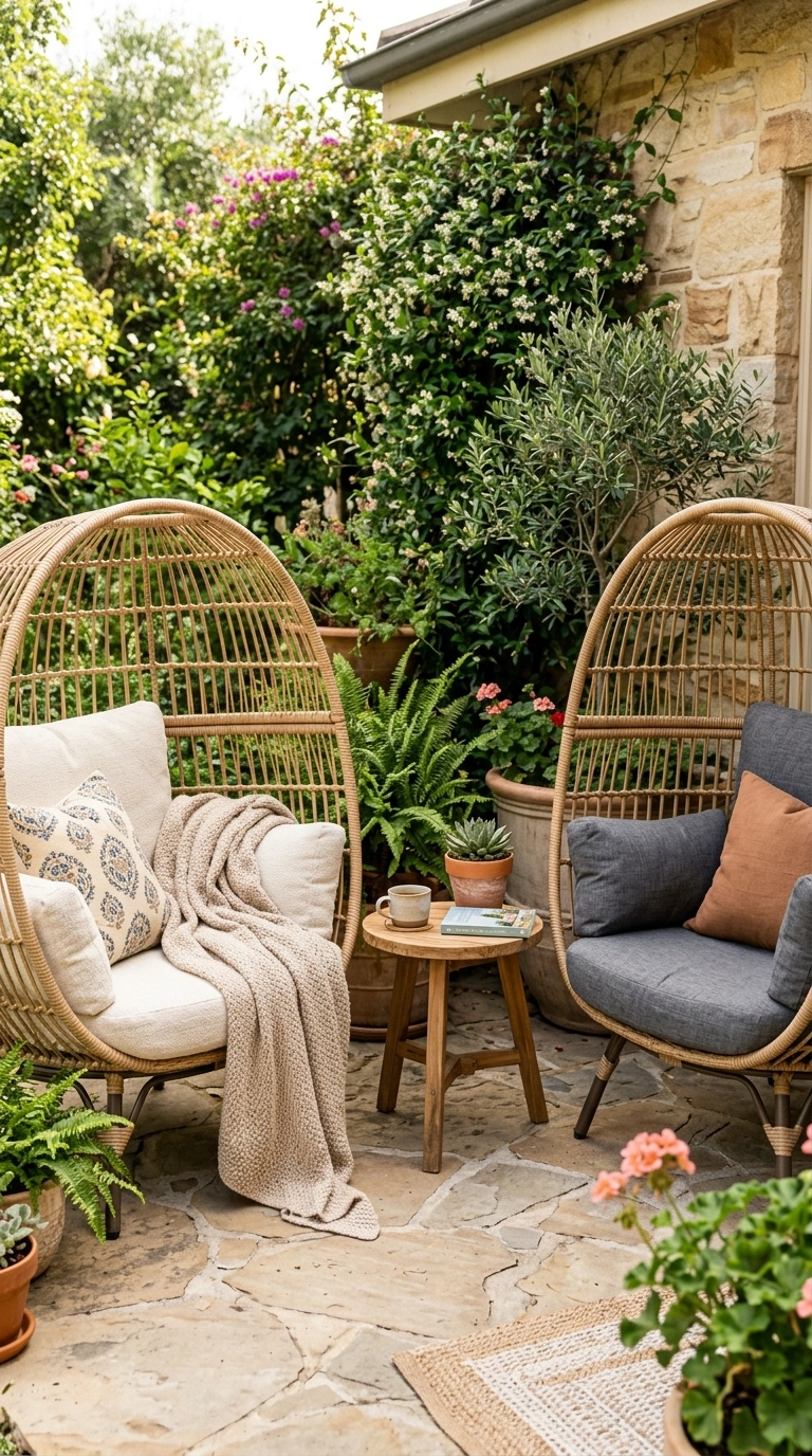 26 Outdoor Decorating Ideas for a Calm and Comfortable Backyard 22 021 Wicker Lounge Chairs A patio corner with two round