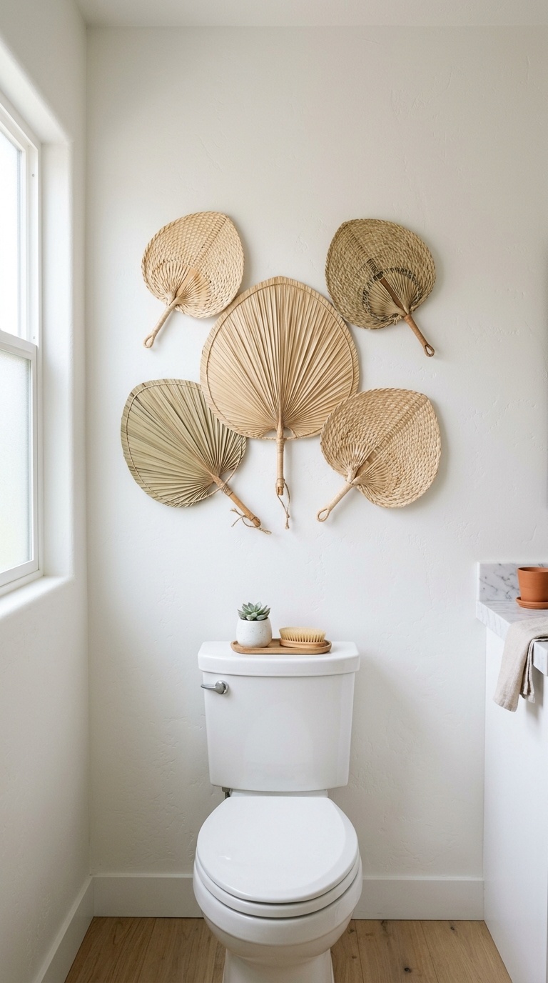 23 Small Bathroom Wall Decor Ideas That Make a Big Impact 22 021 Woven Fan Decor A cluster of five natural woven pa