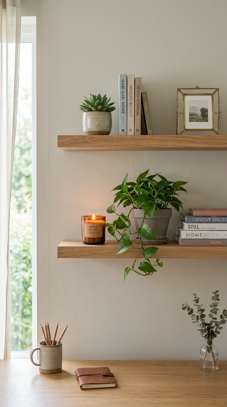 25 Office Decor Ideas for Women That Feel Stylish and Personal 23 022 Floating Shelf Display A home office wall above a