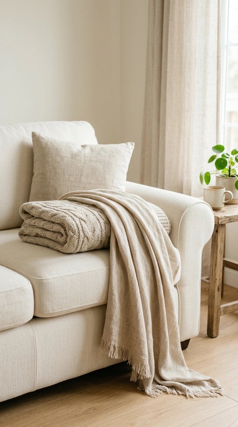 022 Layered Throw Blankets A cream sofa with two neutr