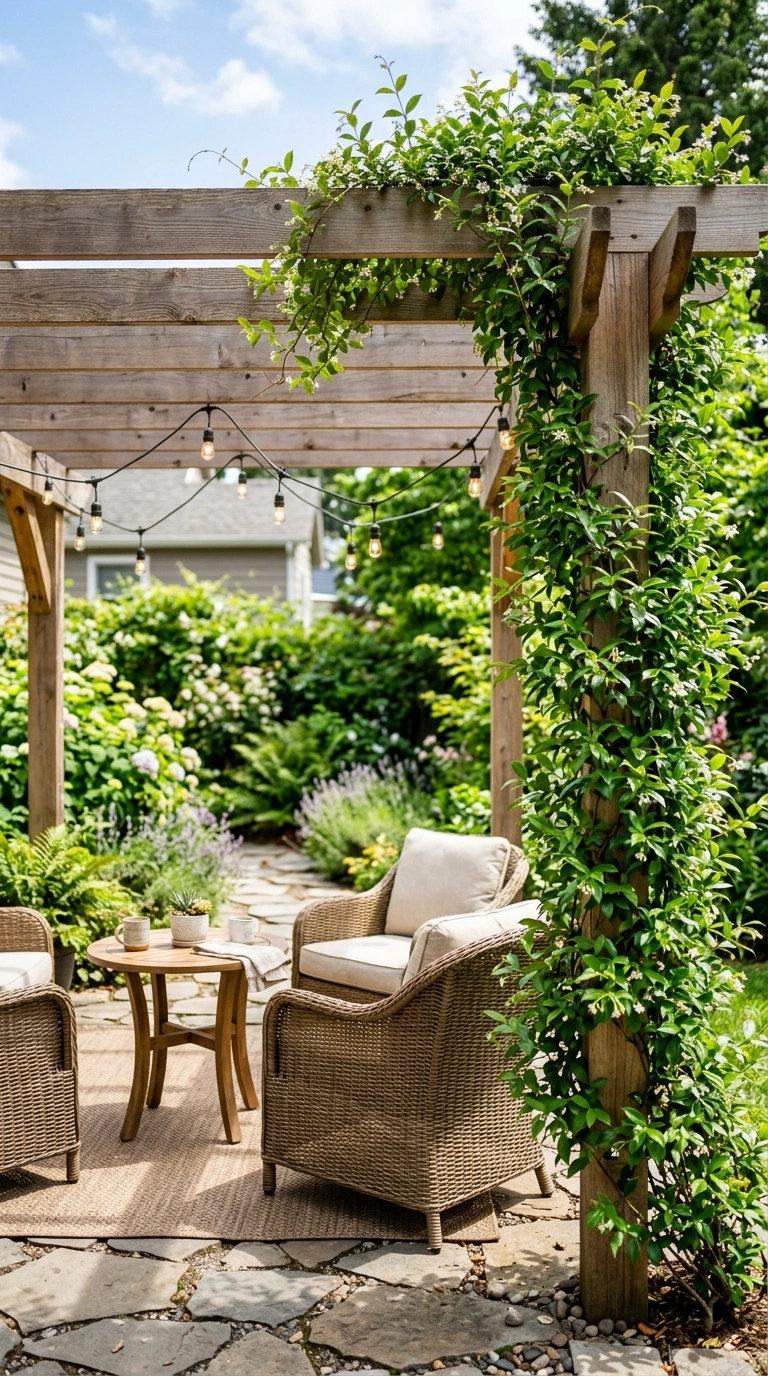 022 Simple Pergola Shade A wooden pergola frame over a