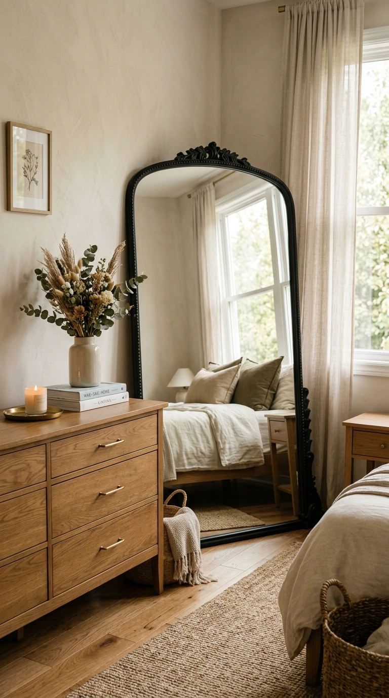 22 Bedroom Decor Ideas That Make Your Space Feel More Luxurious 23 022 Statement Wall Mirror A bedroom with a large arche