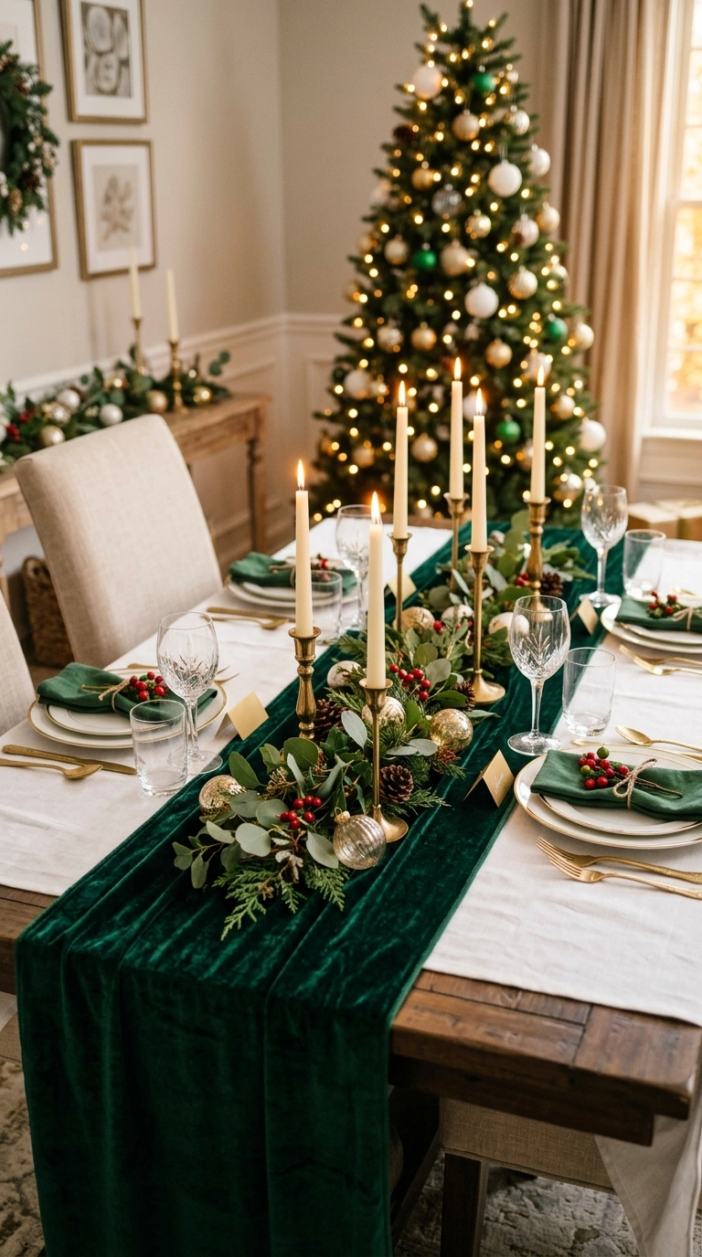 25 Seasonal Decor Ideas to Keep Your Home Feeling Fresh All Year 23 022 Velvet Holiday Table Runner A dining table with a