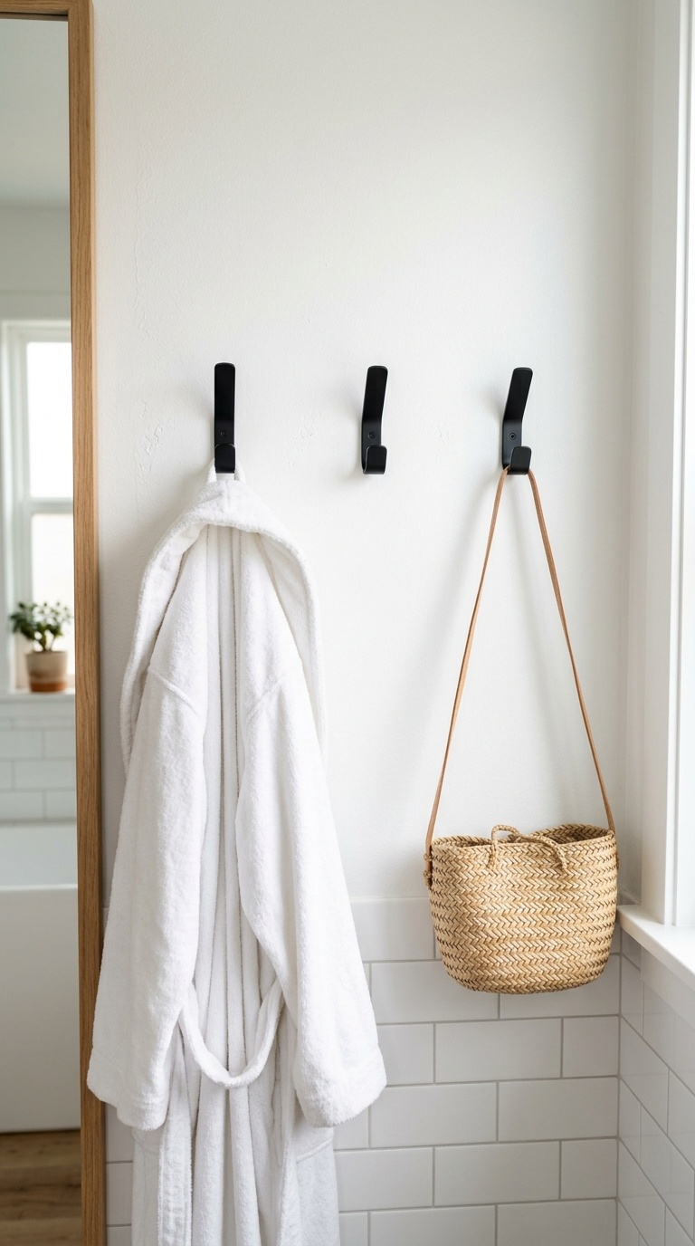 23 Small Bathroom Wall Decor Ideas That Make a Big Impact 23 022 Wall Hooks Display A row of three matte black wall