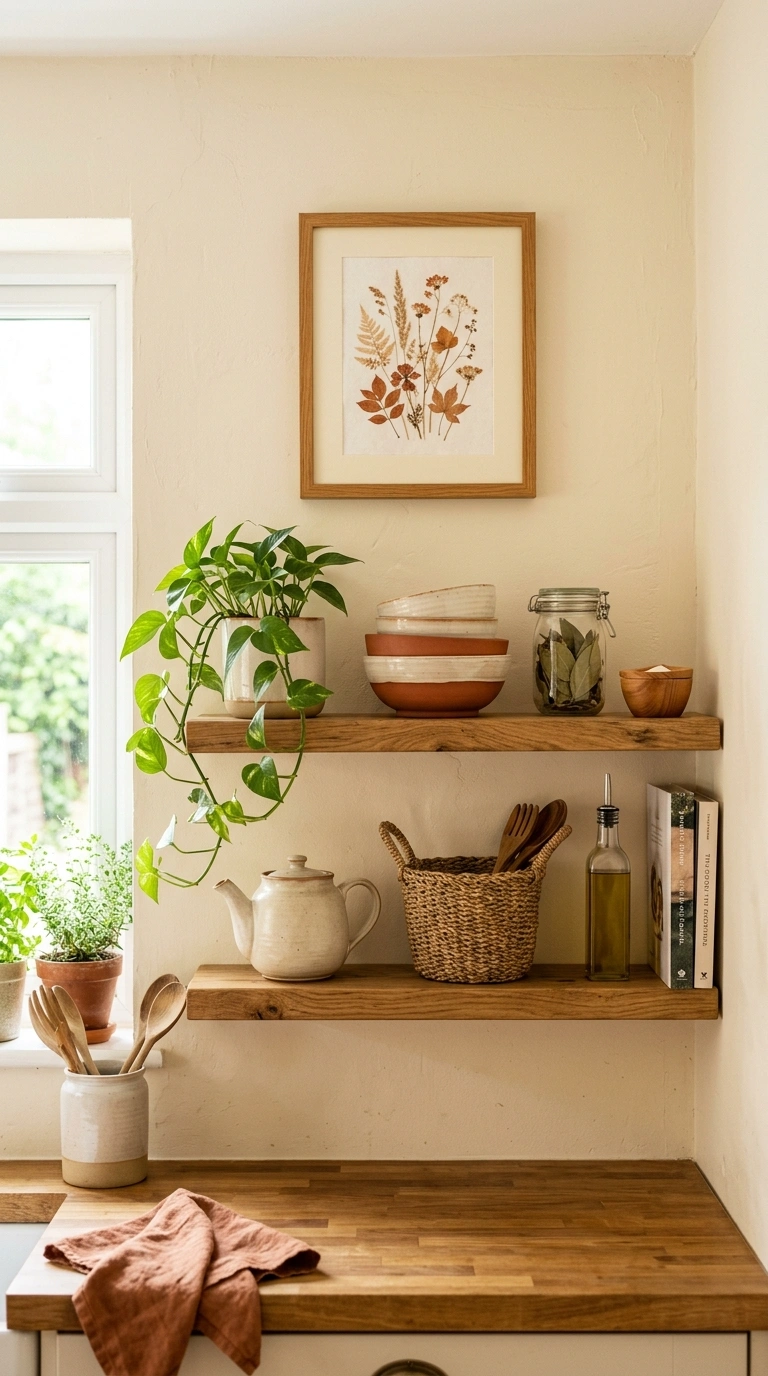 022 Warm Wall Art A kitchen wall above open shelving w