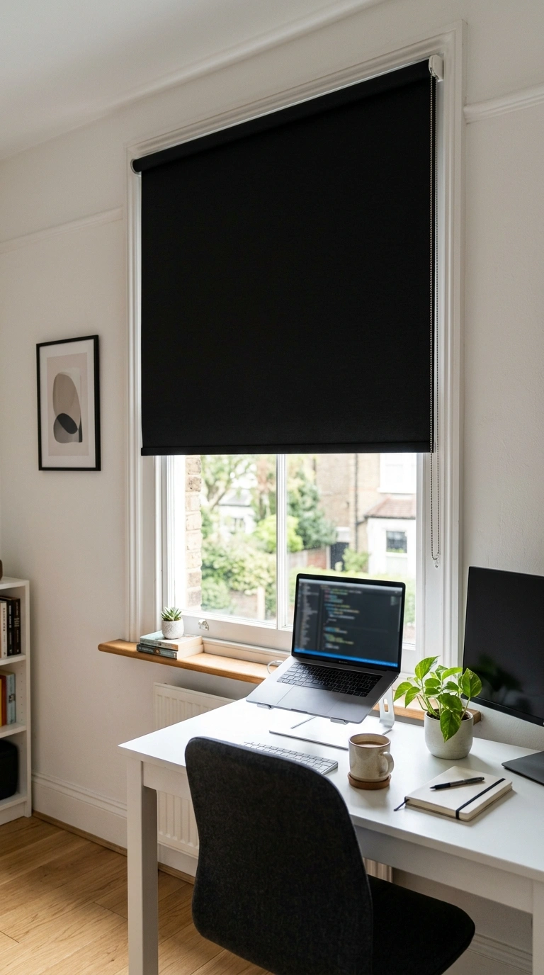 023 Black Window Blinds A home office with black rolle