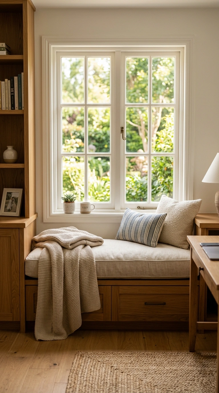 25 Office Decor Ideas for Women That Feel Stylish and Personal 24 023 Cushioned Window Seat A home office window seat wi