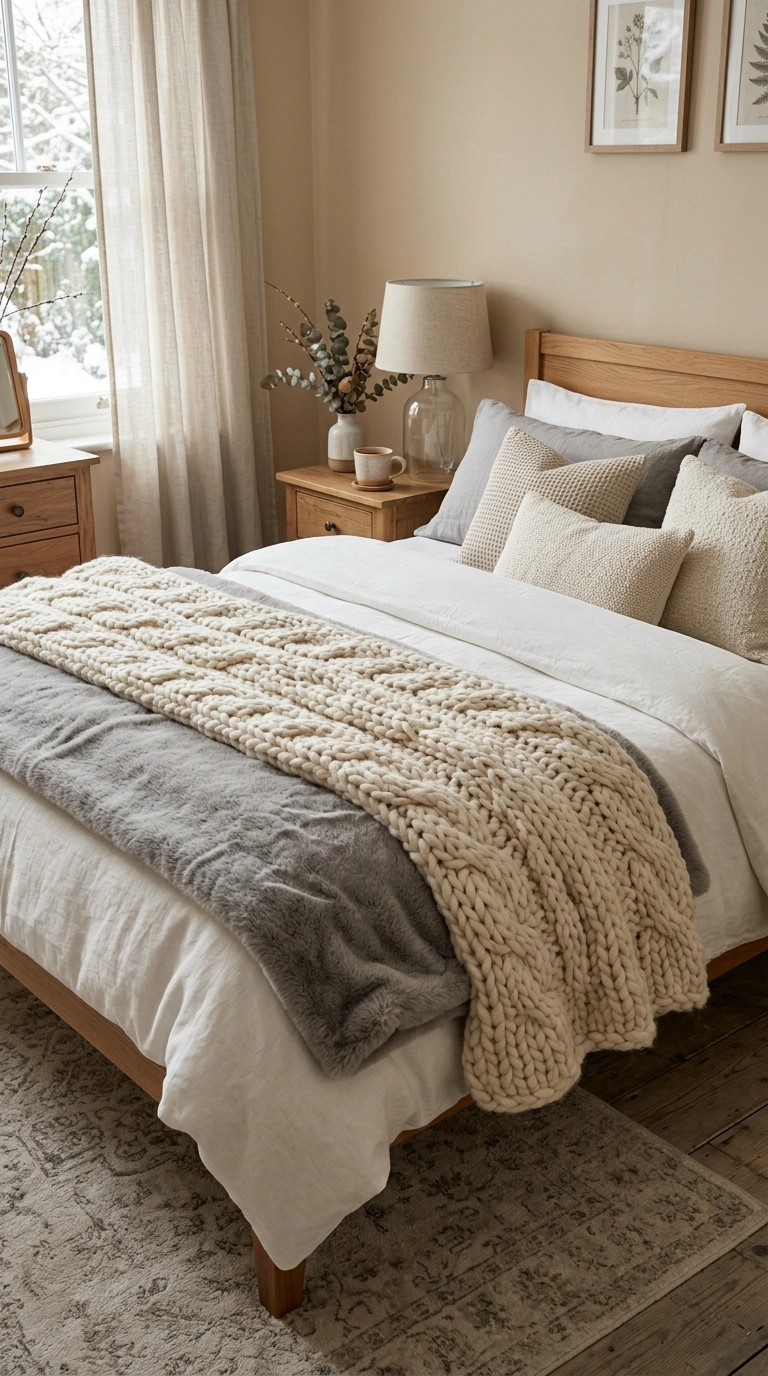 25 Seasonal Decor Ideas to Keep Your Home Feeling Fresh All Year 24 023 Layered Winter Throws A bed with a chunky cream kn