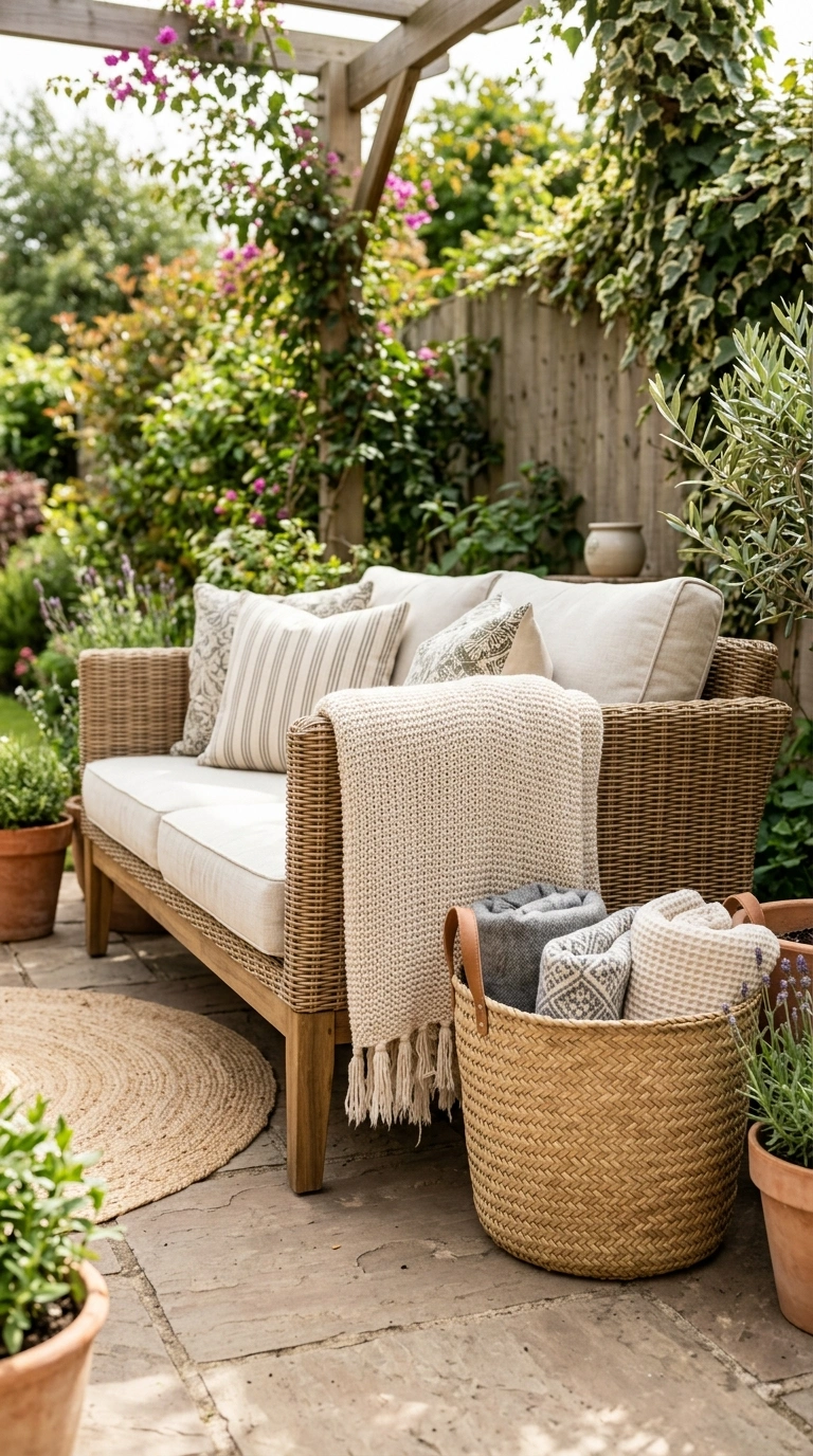 26 Outdoor Decorating Ideas for a Calm and Comfortable Backyard 24 023 Outdoor Throw Blankets A patio sofa with a soft ne