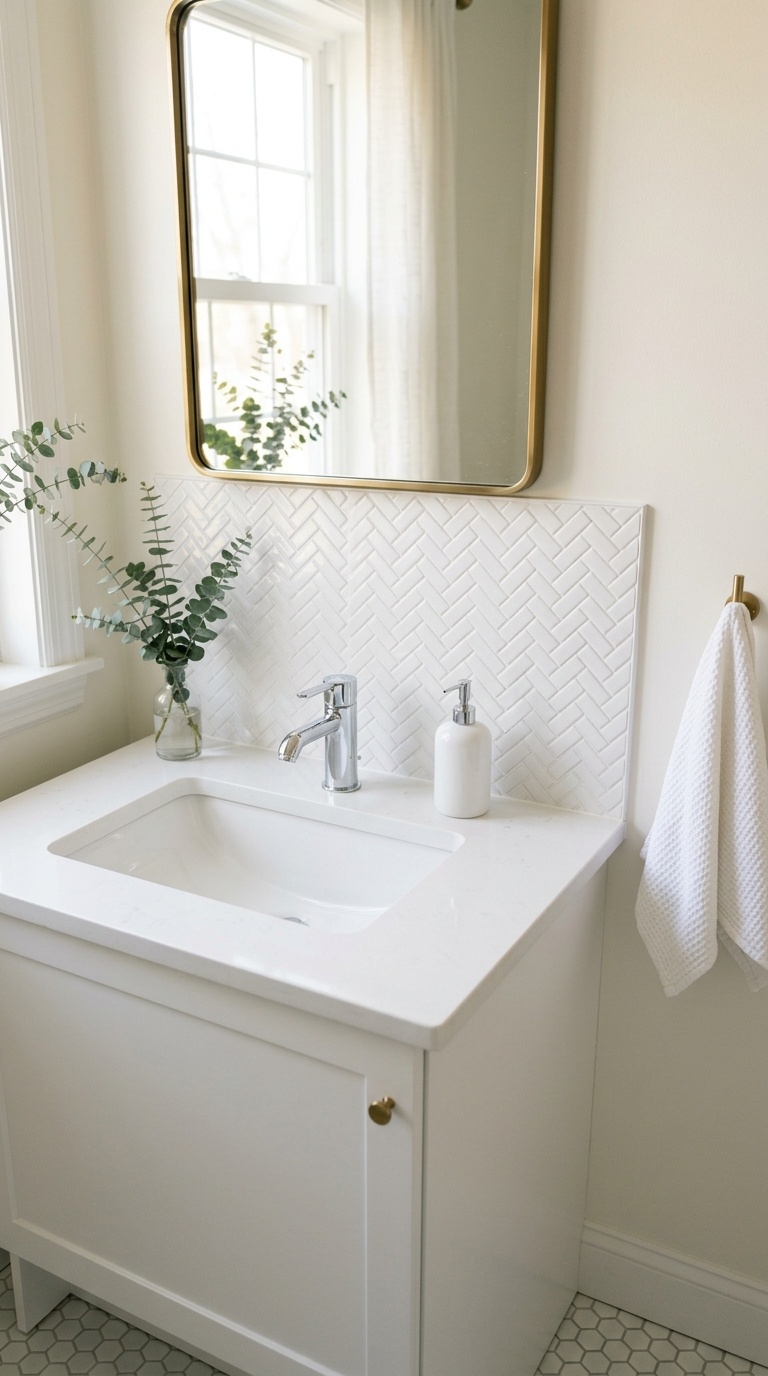 23 Small Bathroom Wall Decor Ideas That Make a Big Impact 24 023 Peel Stick Tile Accent A small white herringbone p