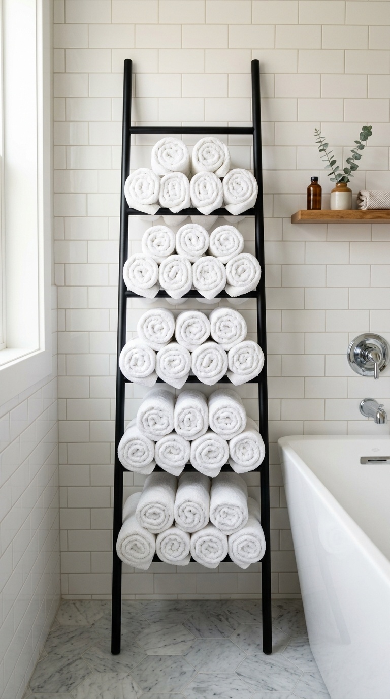 25 Bathroom Decor Ideas to Transform Your Space on a Budget 24 023 Rolled Towel Ladder A matte black ladder towel rac