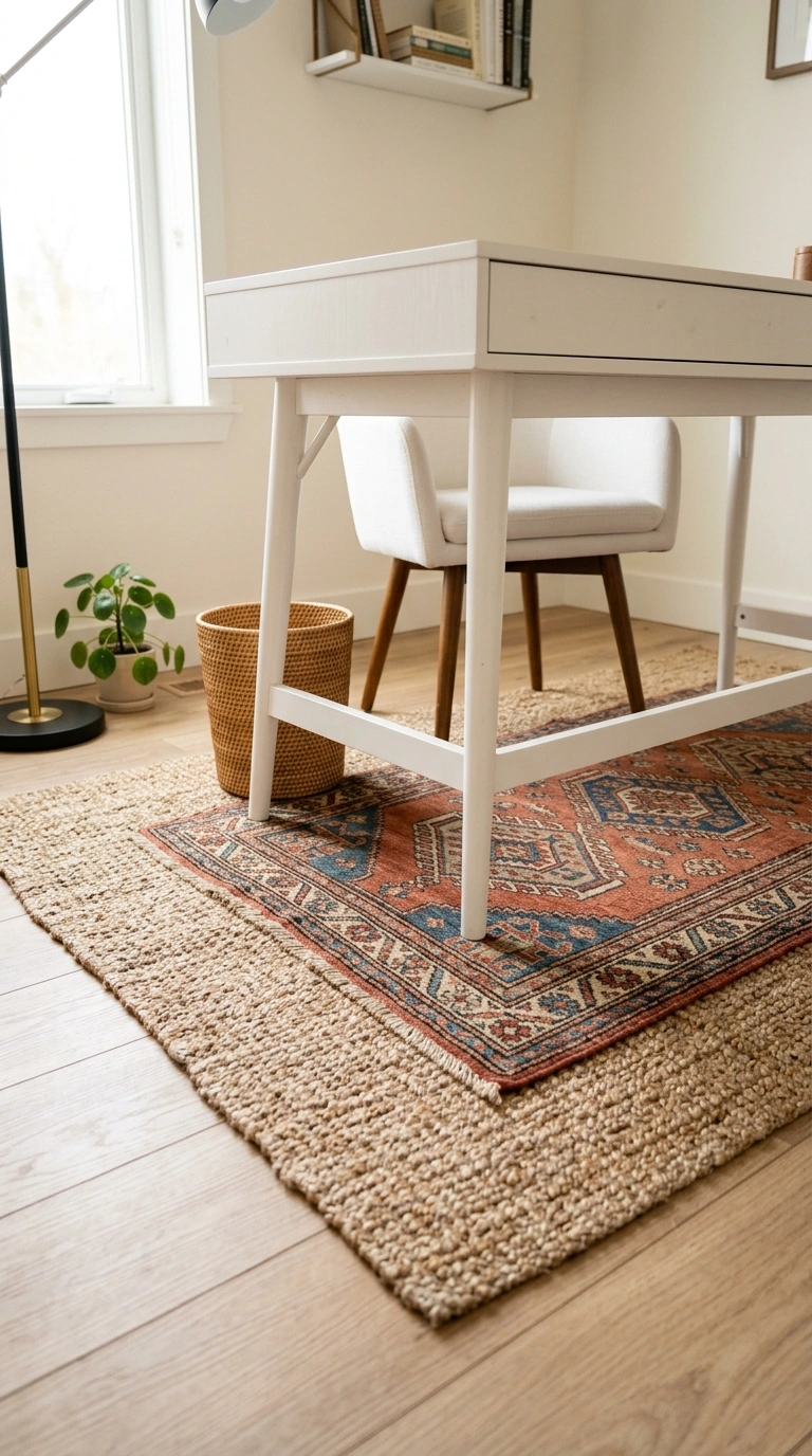 25 Office Decor Ideas for Women That Feel Stylish and Personal 25 024 Layered Area Rug A home office floor under a desk