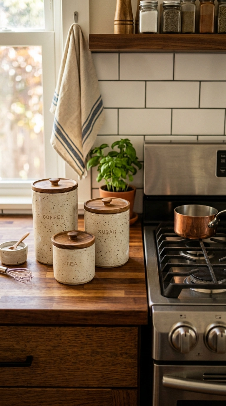 024 Stoneware Canister Set A kitchen counter with thre