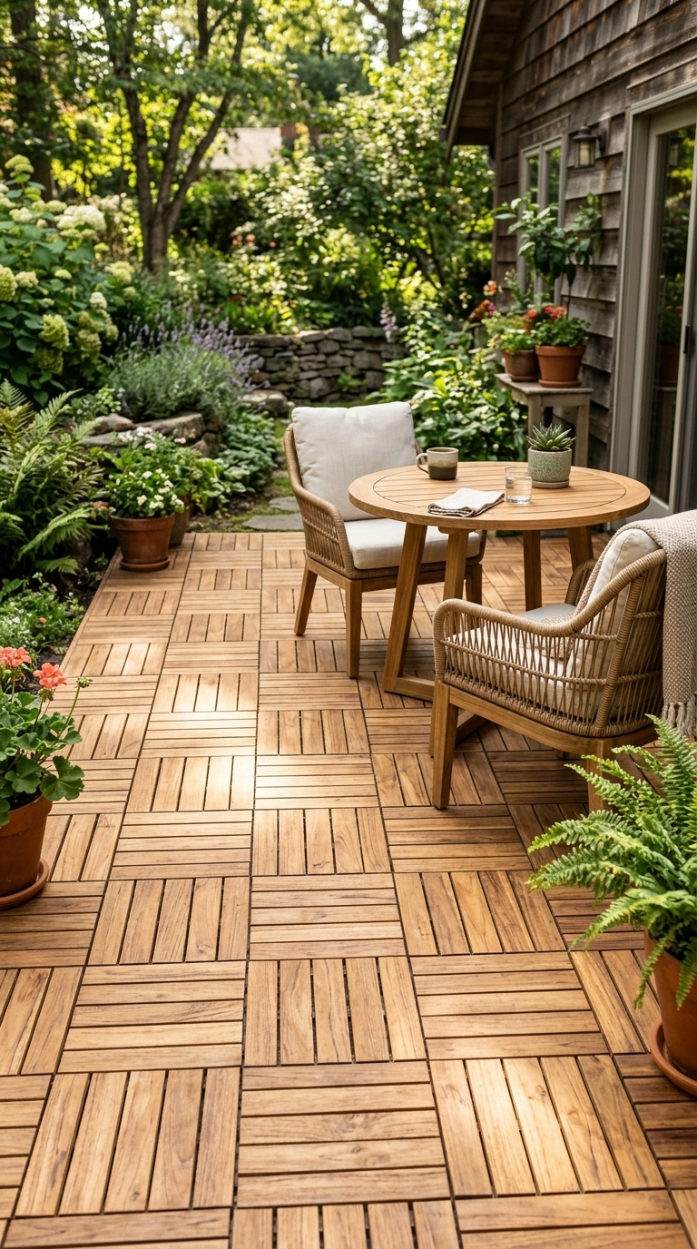 26 Outdoor Decorating Ideas for a Calm and Comfortable Backyard 25 024 Wooden Deck Tiles A patio floor covered in interlo