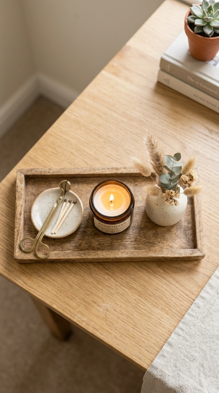 25 Office Decor Ideas for Women That Feel Stylish and Personal 26 025 Candle And Tray Styling A close up flat lay of a w