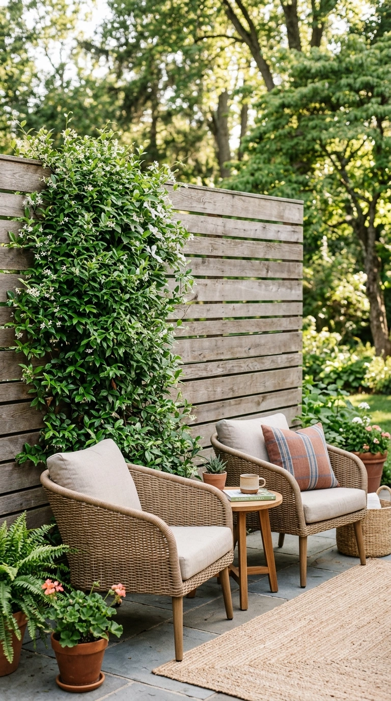 26 Outdoor Decorating Ideas for a Calm and Comfortable Backyard 26 025 Privacy Screen Fence A patio seating area backed b
