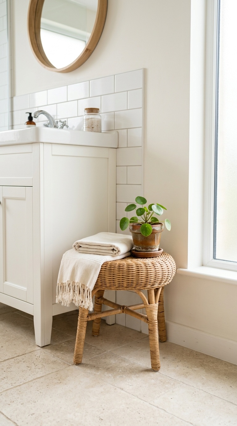 25 Bathroom Decor Ideas to Transform Your Space on a Budget 26 025 Small Wicker Stool A small natural rattan stool tu