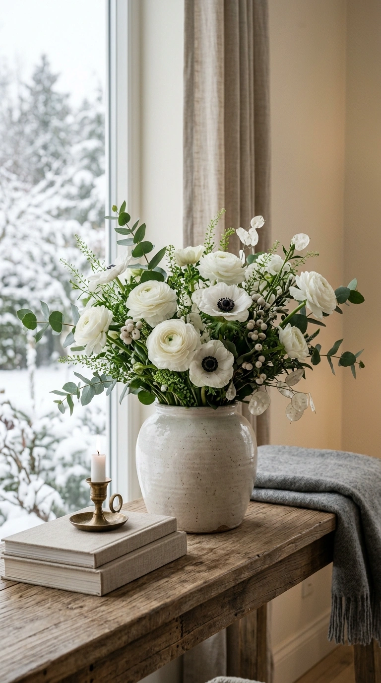 25 Seasonal Decor Ideas to Keep Your Home Feeling Fresh All Year 26 025 Snowy White Vase Arrangement A console table with