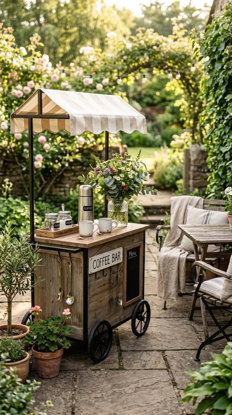 26 Outdoor Decorating Ideas for a Calm and Comfortable Backyard 27 026 Outdoor Coffee Bar A small outdoor cart styled as