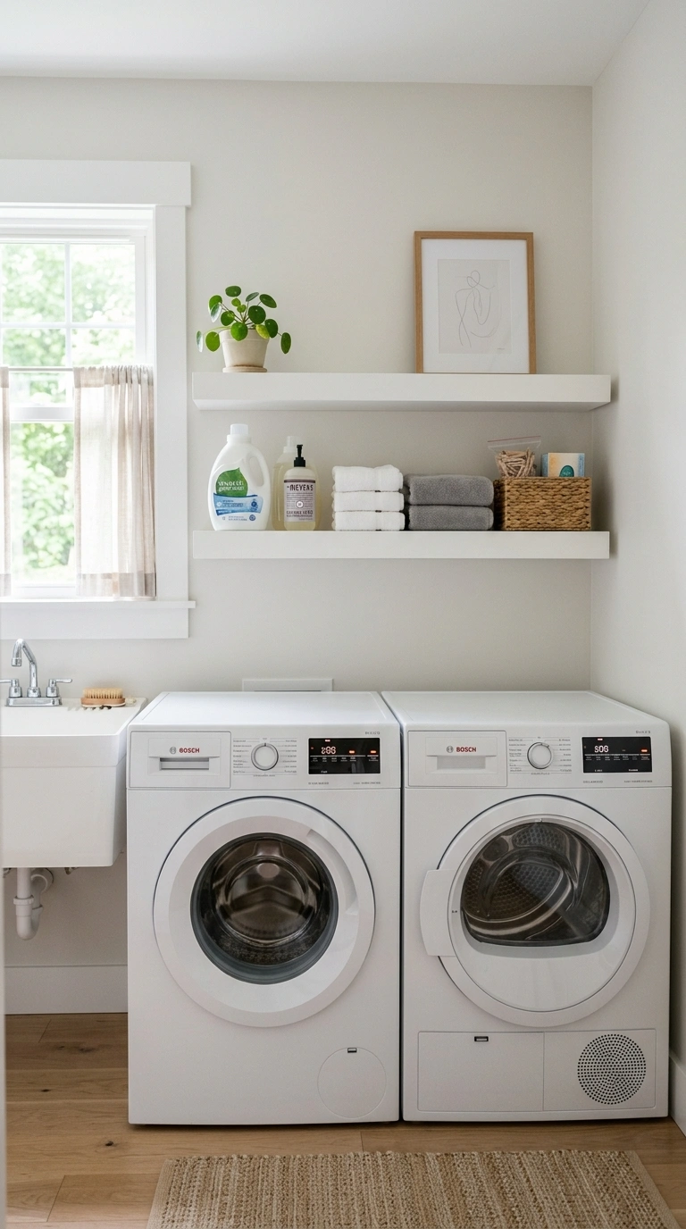 Small Laundry Room? 16 Organization Ideas That Help 2 001 Add Floating Shelves A small laundry room with a w