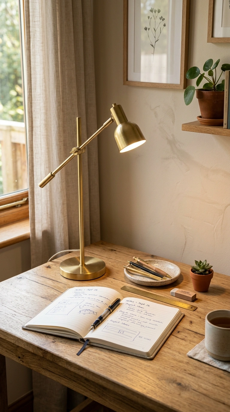 19 Classy Desk Setups That Make Small Workspaces Feel Special 2 001 Add a Task Lamp A small wood desk with a slim bras