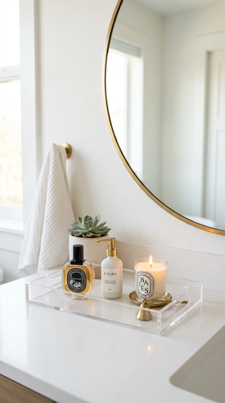 001 Clear Acrylic Trays A white bathroom counter with