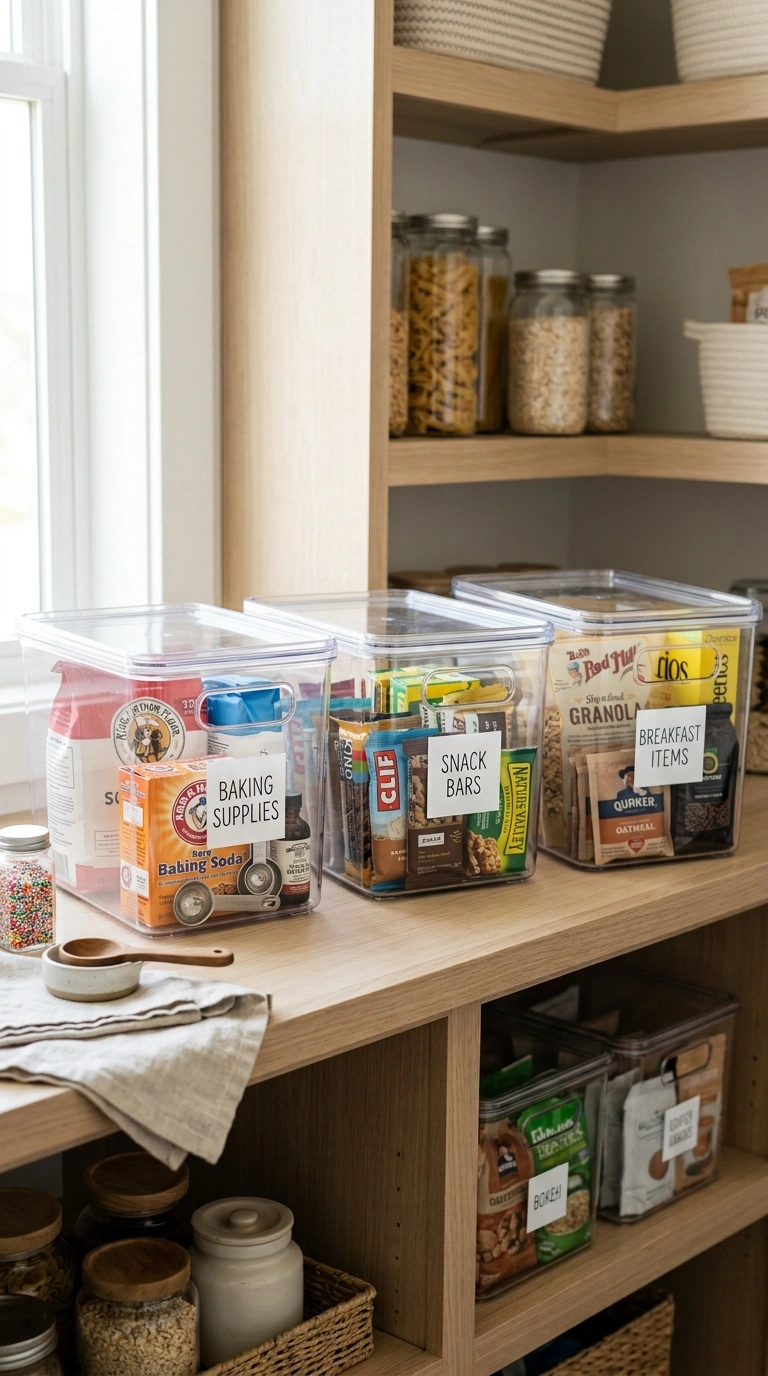 001 Clear Bin Zones A pantry shelf with three labeled