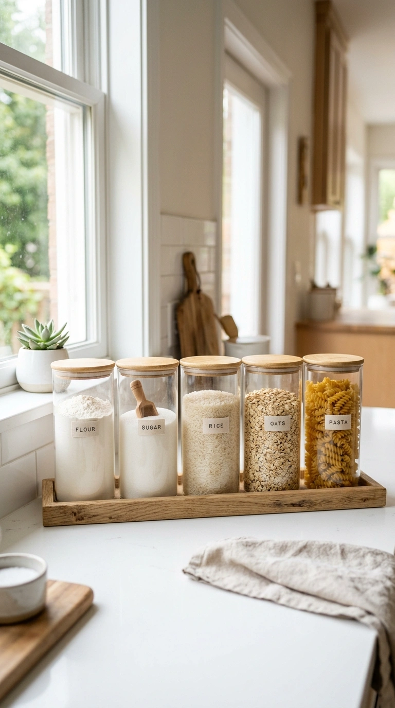 Counter Clutter Gone: 17 Kitchen Organization Ideas 2 001 Clear Glass Canisters A close up of a white kitche