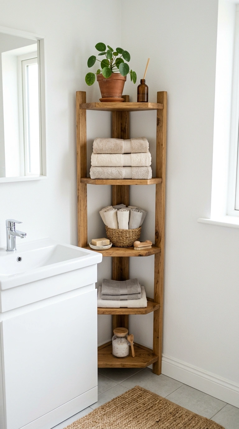 001 Corner Shelf Unit A tall narrow wooden corner shel