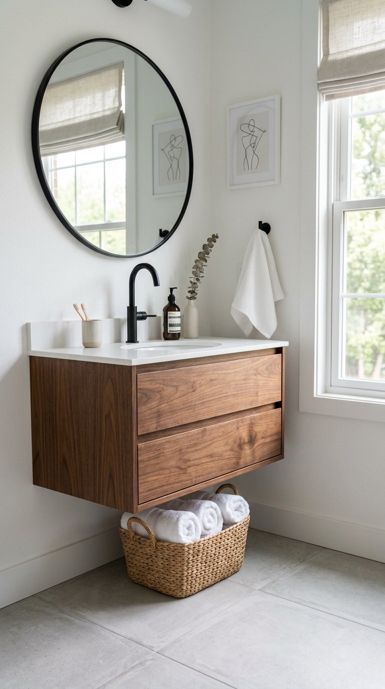 001 Floating Wood Vanity A modern bathroom with a waln