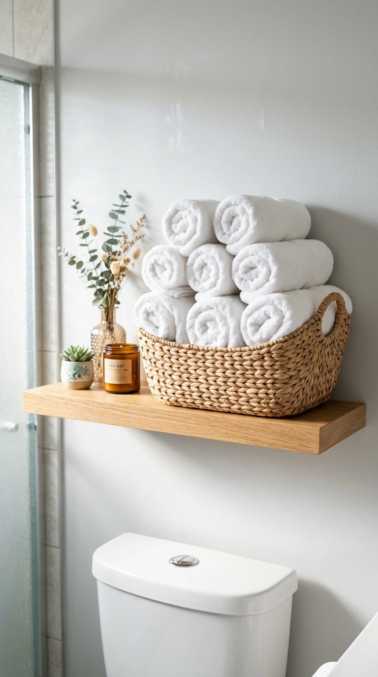 001 Fluffy Rolled Towels A bathroom shelf above the to