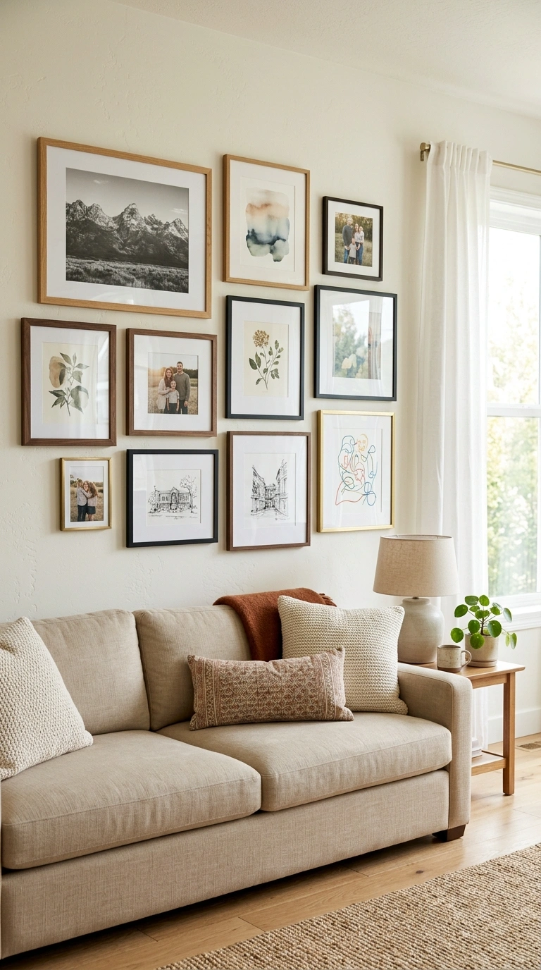 001 Gallery Wall Display A living room wall above a be