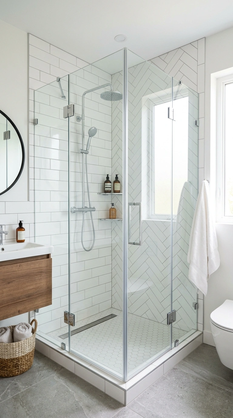 001 Glass Corner Shower A small bathroom corner shower 1