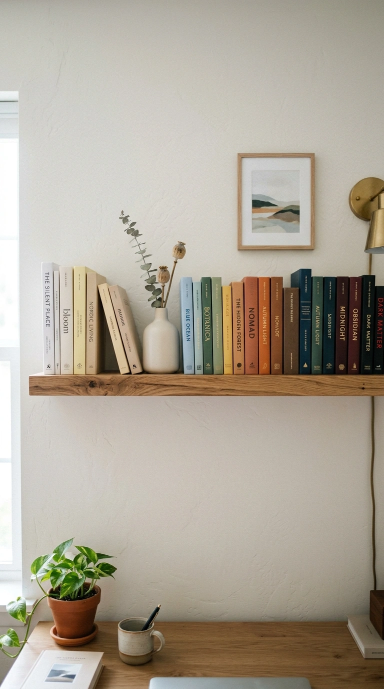 Office Shelf Styling Tips: 12 Easy Ideas 2 001 Group Books By Color A wooden floating shelf with
