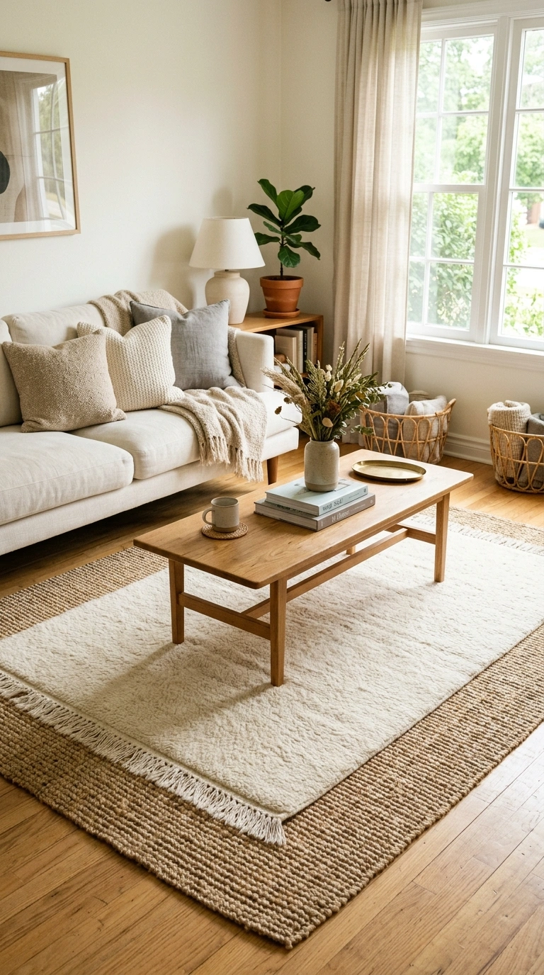 Layering Rugs the Right Way (12 Ideas) 2 001 Jute Base Wool Top A living room corner with a tan