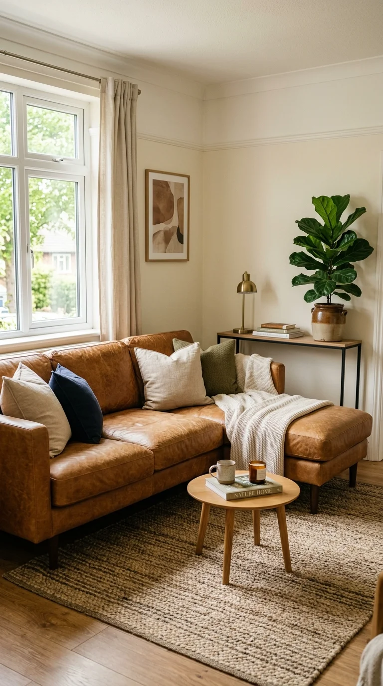 001 L Shaped Leather Sofa A tan leather L shaped sofa