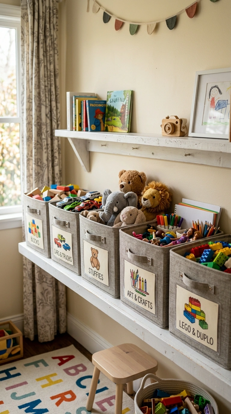 Kids Bedroom Storage That Actually Gets Used (17 Ideas) 2 001 Labeled Bin System A kids bedroom shelf holding a