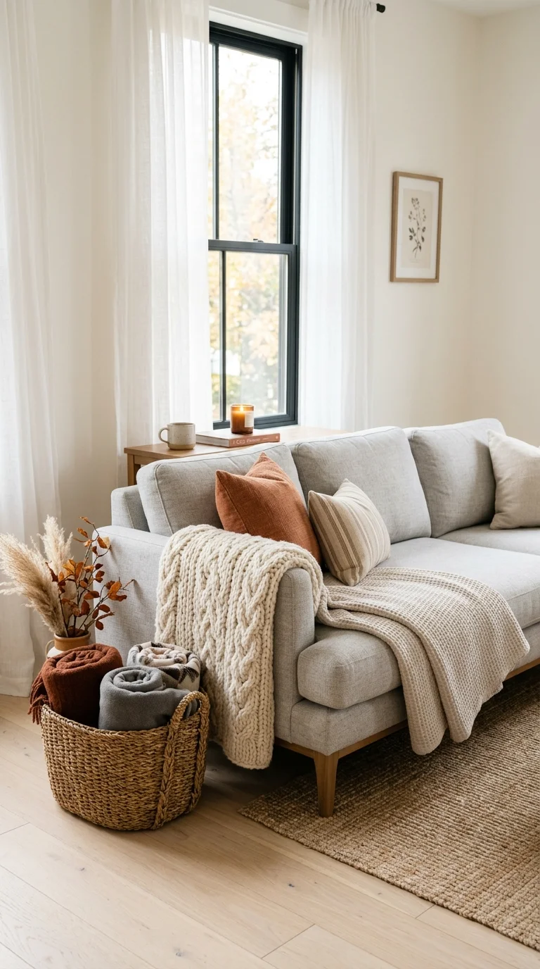 Cozy Fall Decor Ideas for Every Room (21 Picks) 2 001 Layered Fall Throws A light gray sofa in a bright