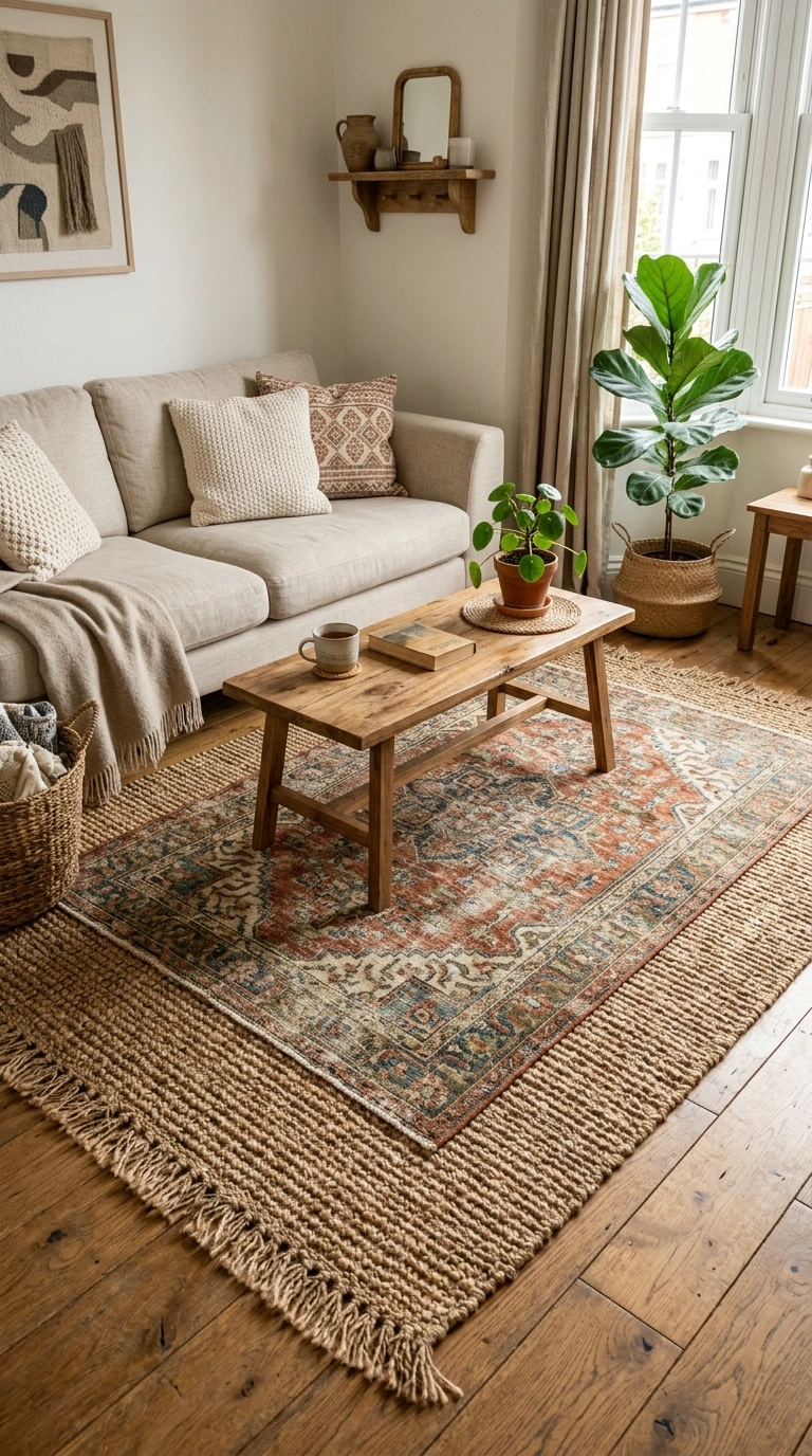 001 Layered Jute Rugs A living room floor with a large