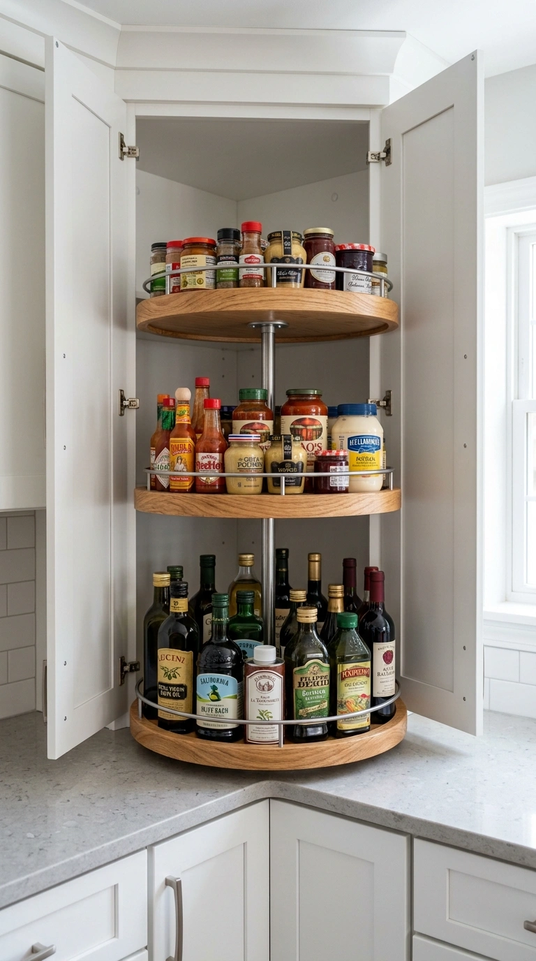 Cabinet Organization Hacks You'll Wish You Knew Sooner (18 Ideas) 2 001 Lazy Susan Turntable A corner kitchen cabinet open