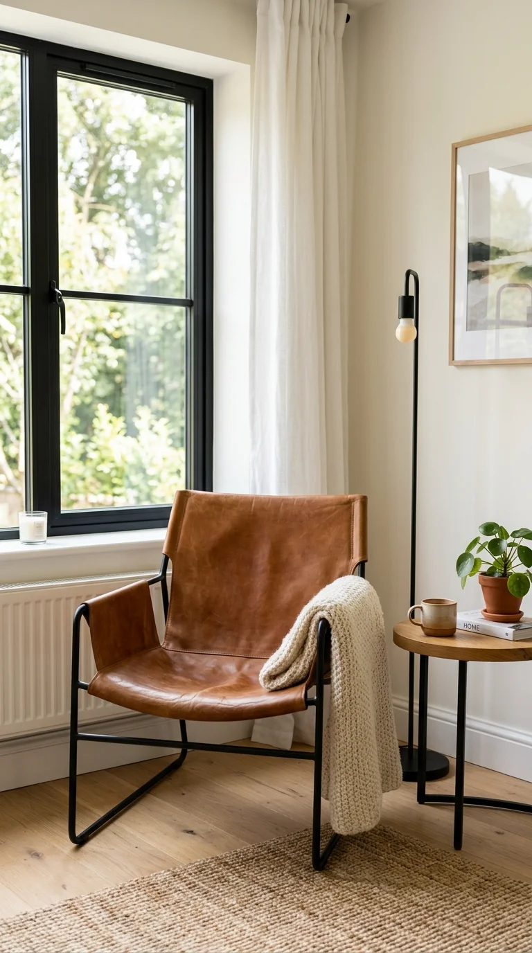 001 Leather Sling Chair A caramel brown leather sling