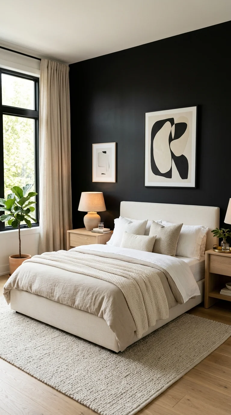 20 Hottest Black Accent Wall Ideas Taking Over Home Decor 2 001 Matte Black Bedroom Wall A modern bedroom with a m