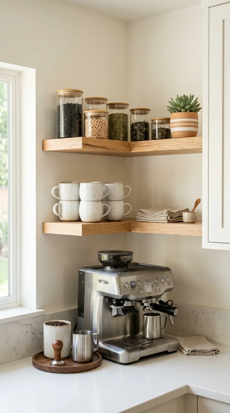 001 Open Shelf Corner A kitchen corner with two light