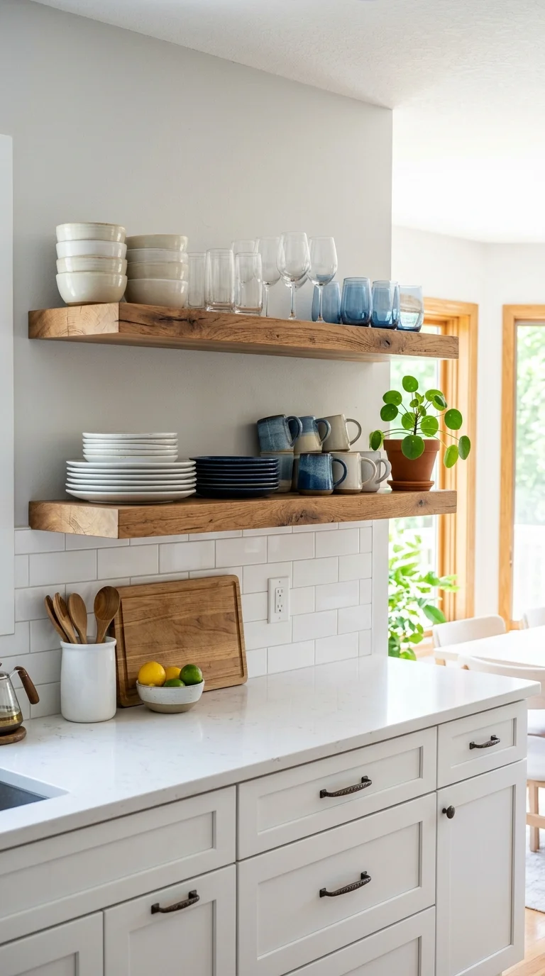 001 Open Wood Shelving A kitchen with white cabinetry