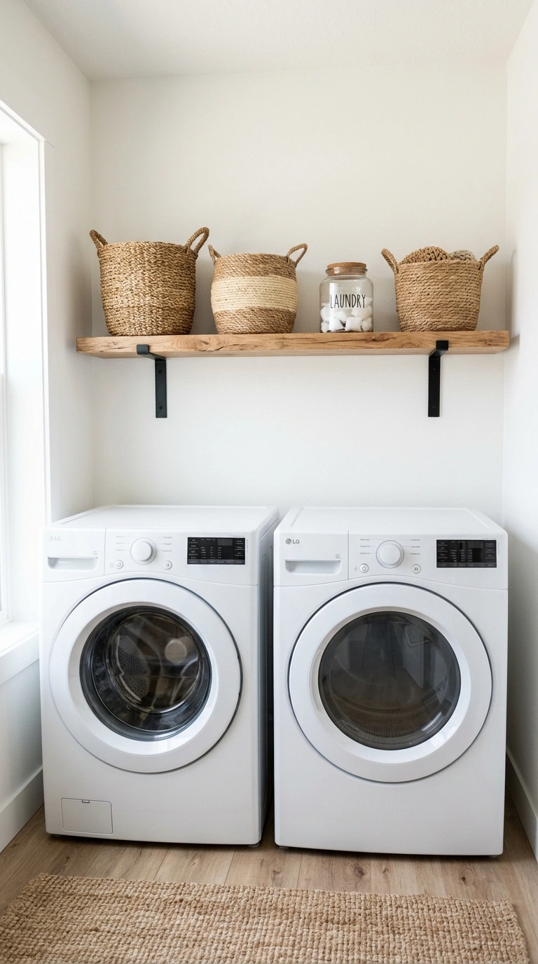 Laundry Shelves Styled Beautifully (13 Ideas) 2 001 Open Wood Shelving A single raw wood floating shel
