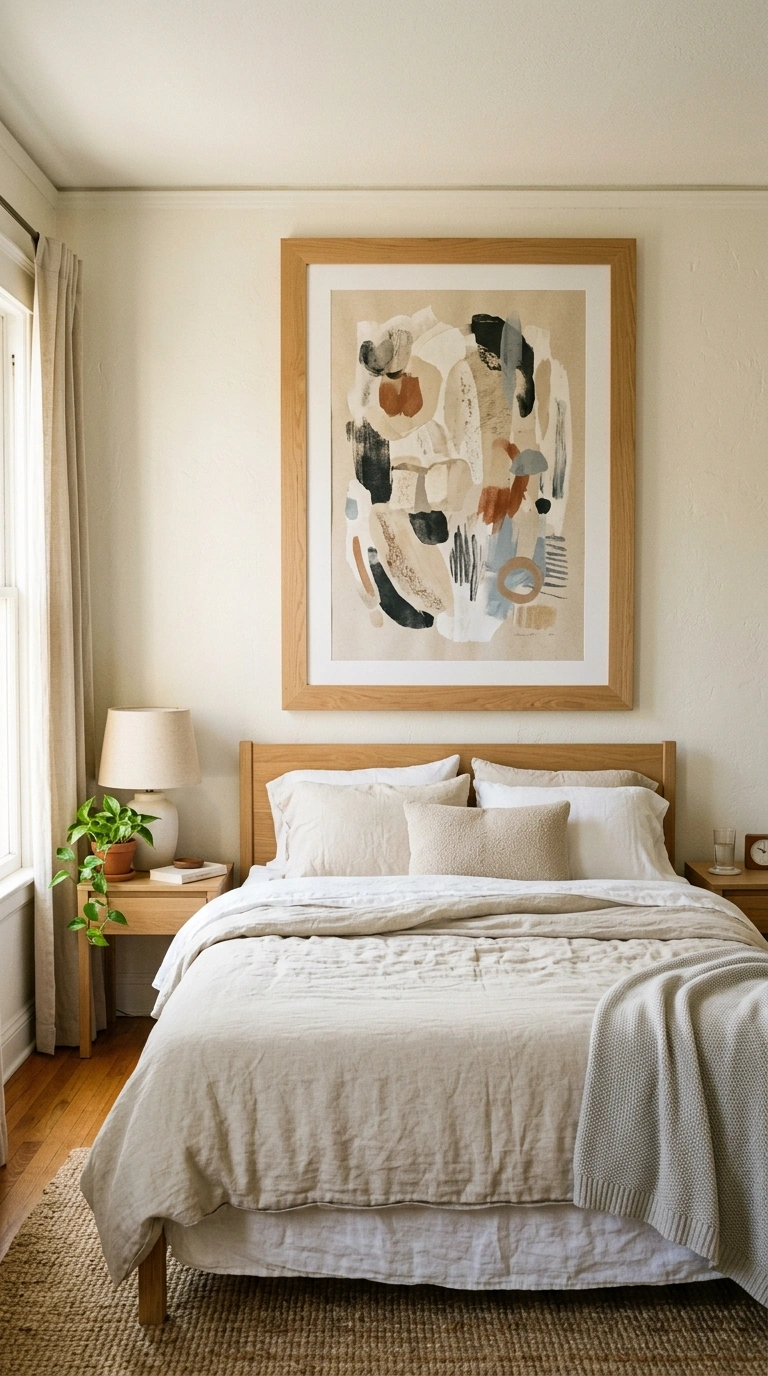 What to Put Above Your Bed: 20 Wall Decor Ideas 2 001 Oversized Framed Art A bed with a single large fra