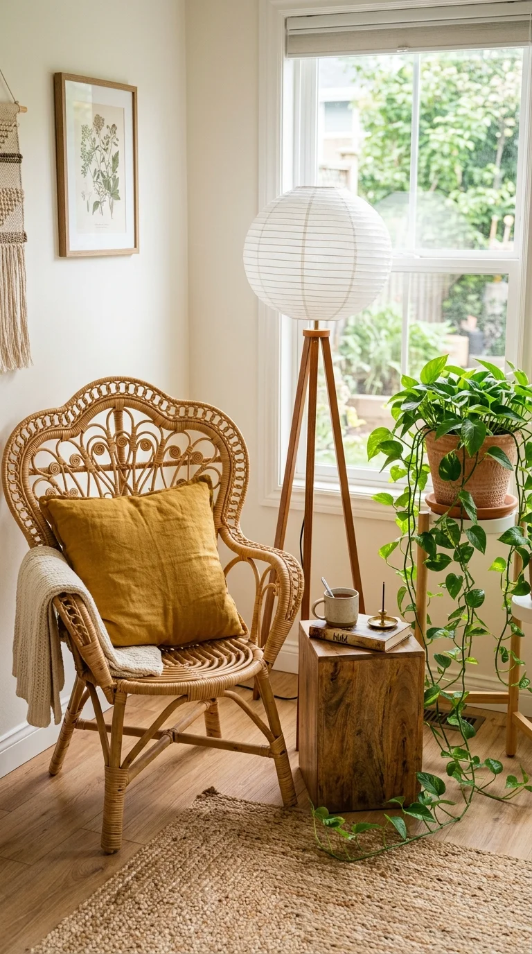 23 Budget Boho Living Rooms That Look Anything But Cheap 2 001 Rattan Accent Chair A curved peacock style rattan